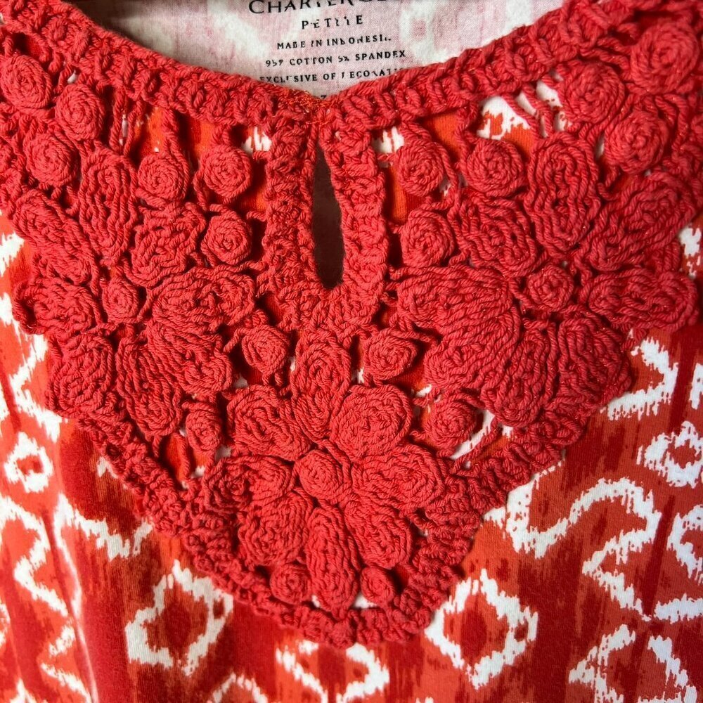 Charter Club Top Womens Size P/L Red & White Geometric Embroidered Chest Cotton - Picture 8 of 16